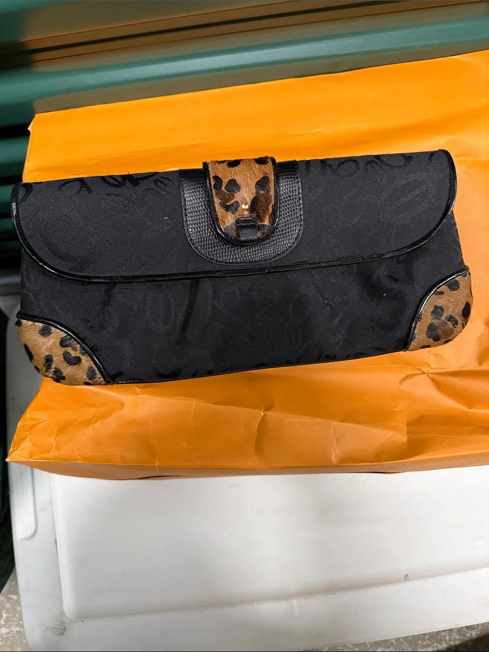 bebe Black Clutch with Leopard Accent